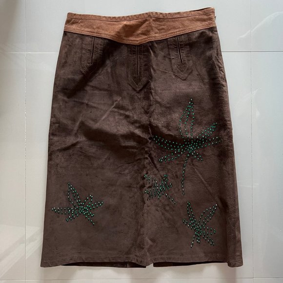 WILLIAM B Suede skirt with green rhinestone leaves Sz 8 knee length lined